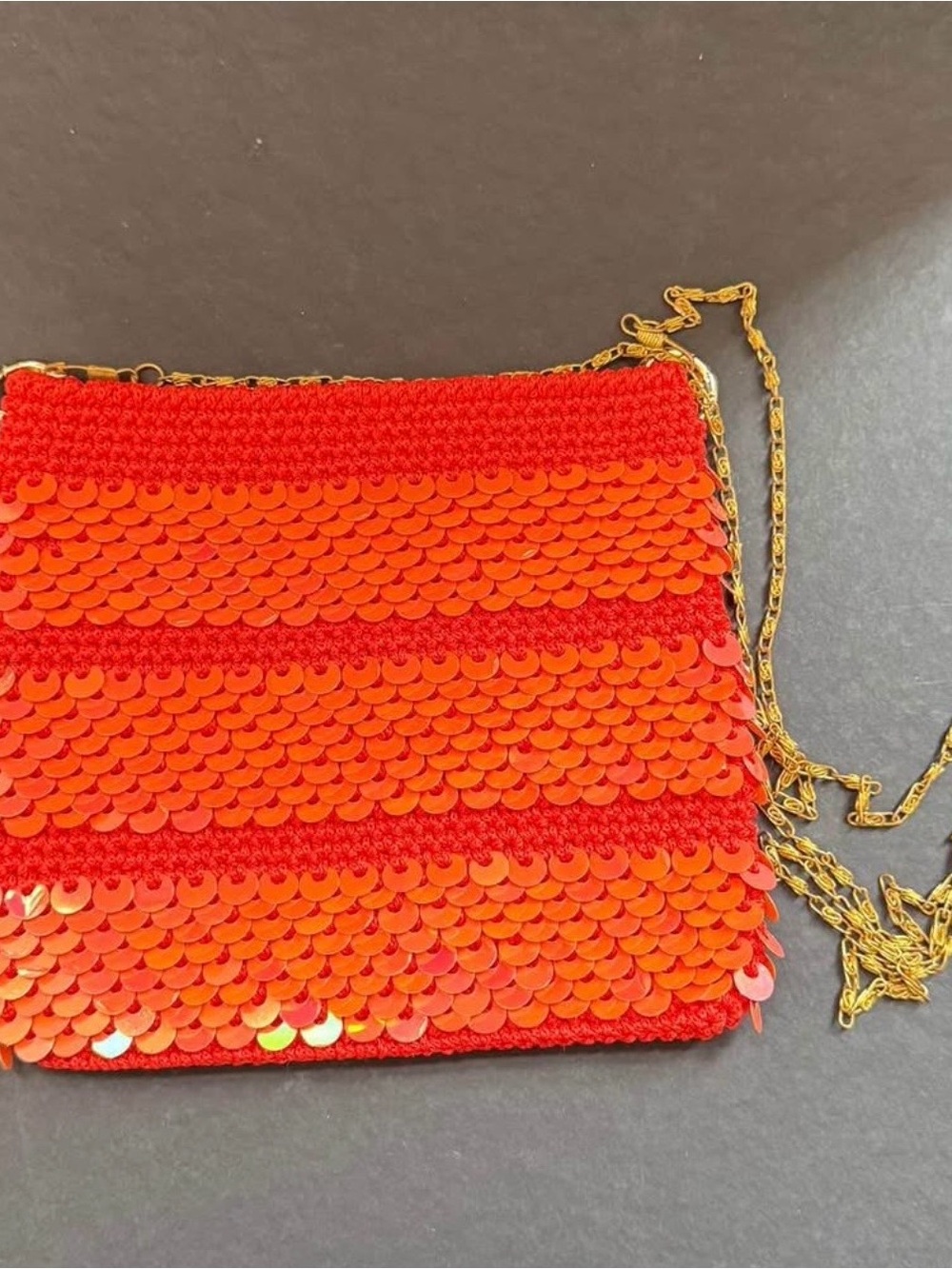Orange Sequin Wristlet Clutch with Gold Chain Strap